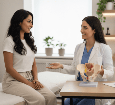 Mujer en consulta de suelo pélvico recibiendo orientación para disfunciones sexuales.