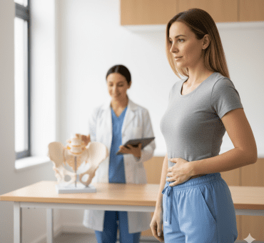 Mujer con molestias de incontinencia urinaria durante la valoración del suelo pélvico.